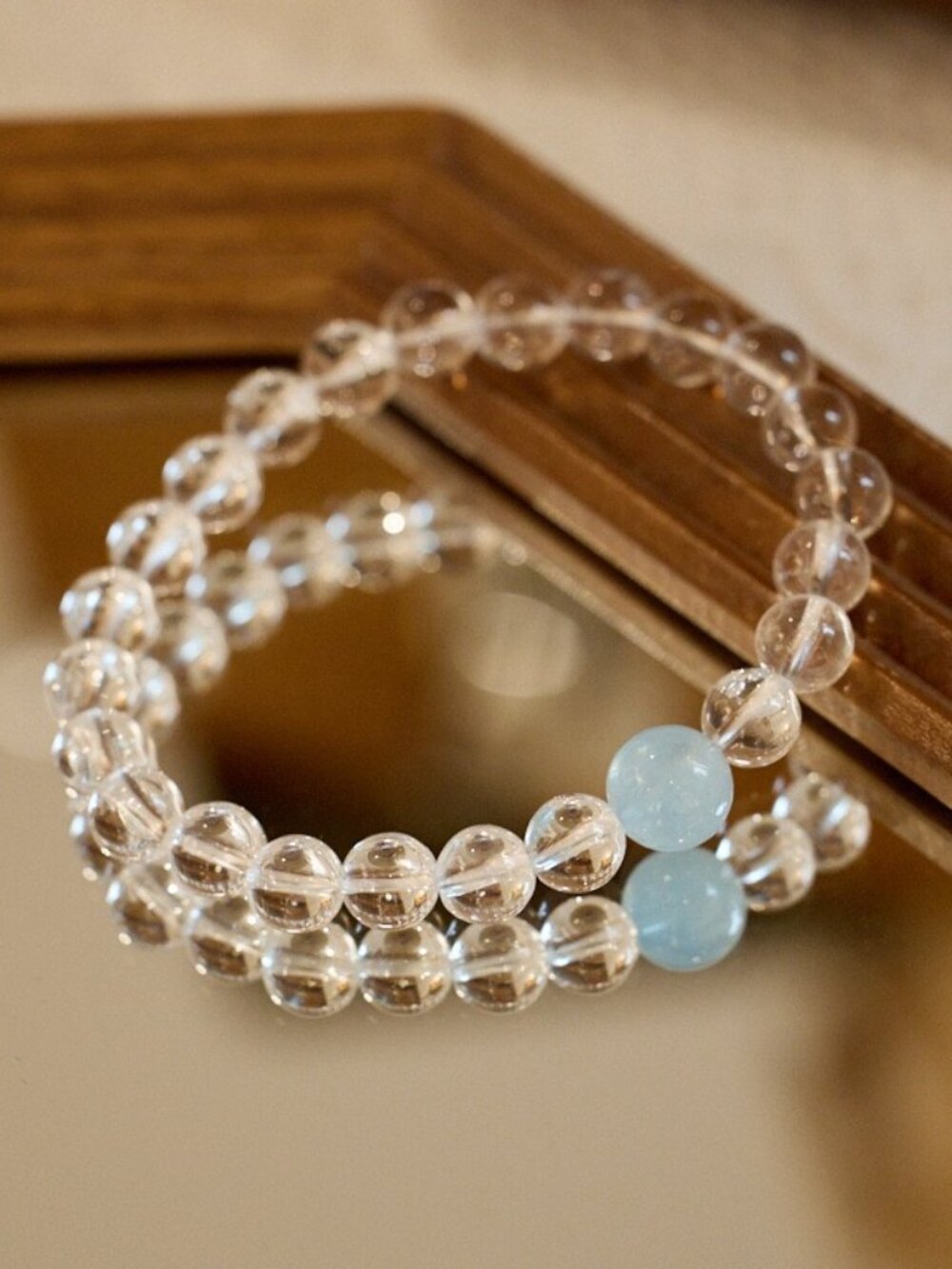 Handmade beaded high quality natural Clear Quartz bracelet with an Aquamarine